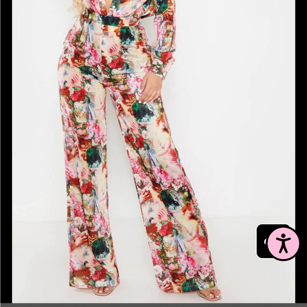 Pretty Little Things - Rose Femme Renaissance Print Wide Leg Pants
